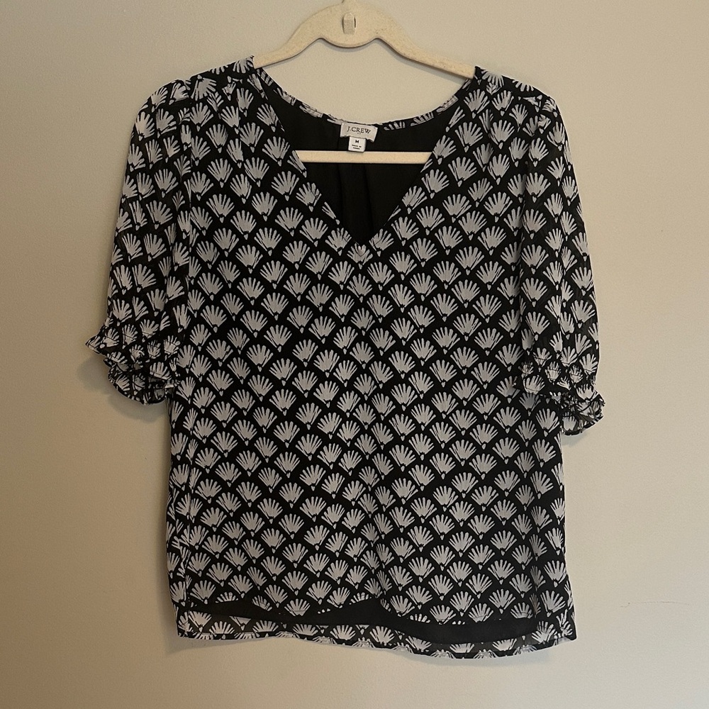 J. Crew Black Short Sleeve Blouse with White Fan-Print, V-Neck